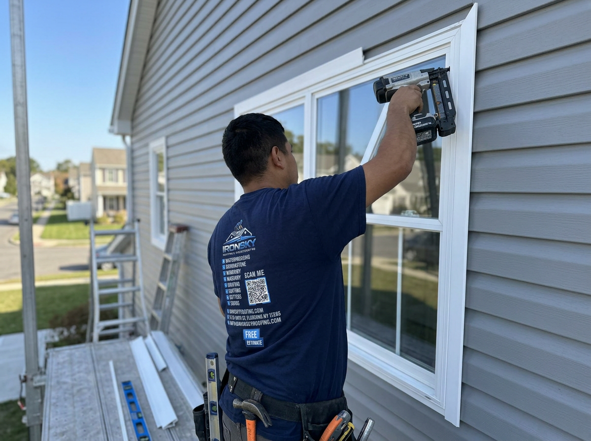 IronSky installer attaching trim around a window over new siding