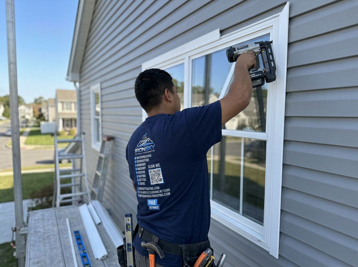 IronSky installer attaching trim around a window over new siding