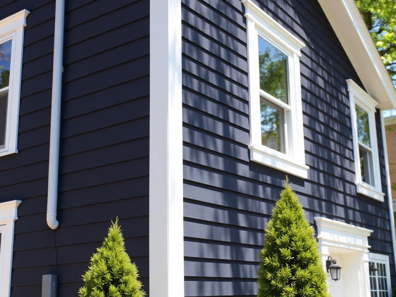 Finished home with newly installed dark navy vinyl siding and white trim
