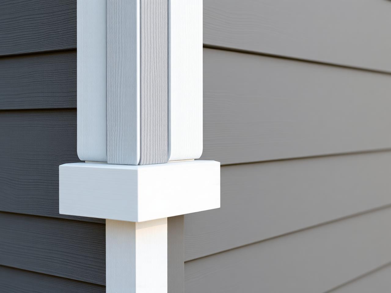 Close-up of finished dark gray siding with crisp white corner trim
