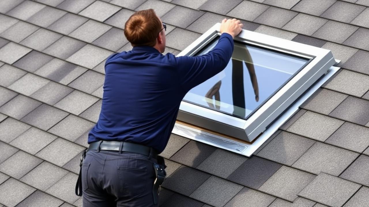 Worker in navy shirt installing Velux skylight with flashing kit on a sloped shingle roof