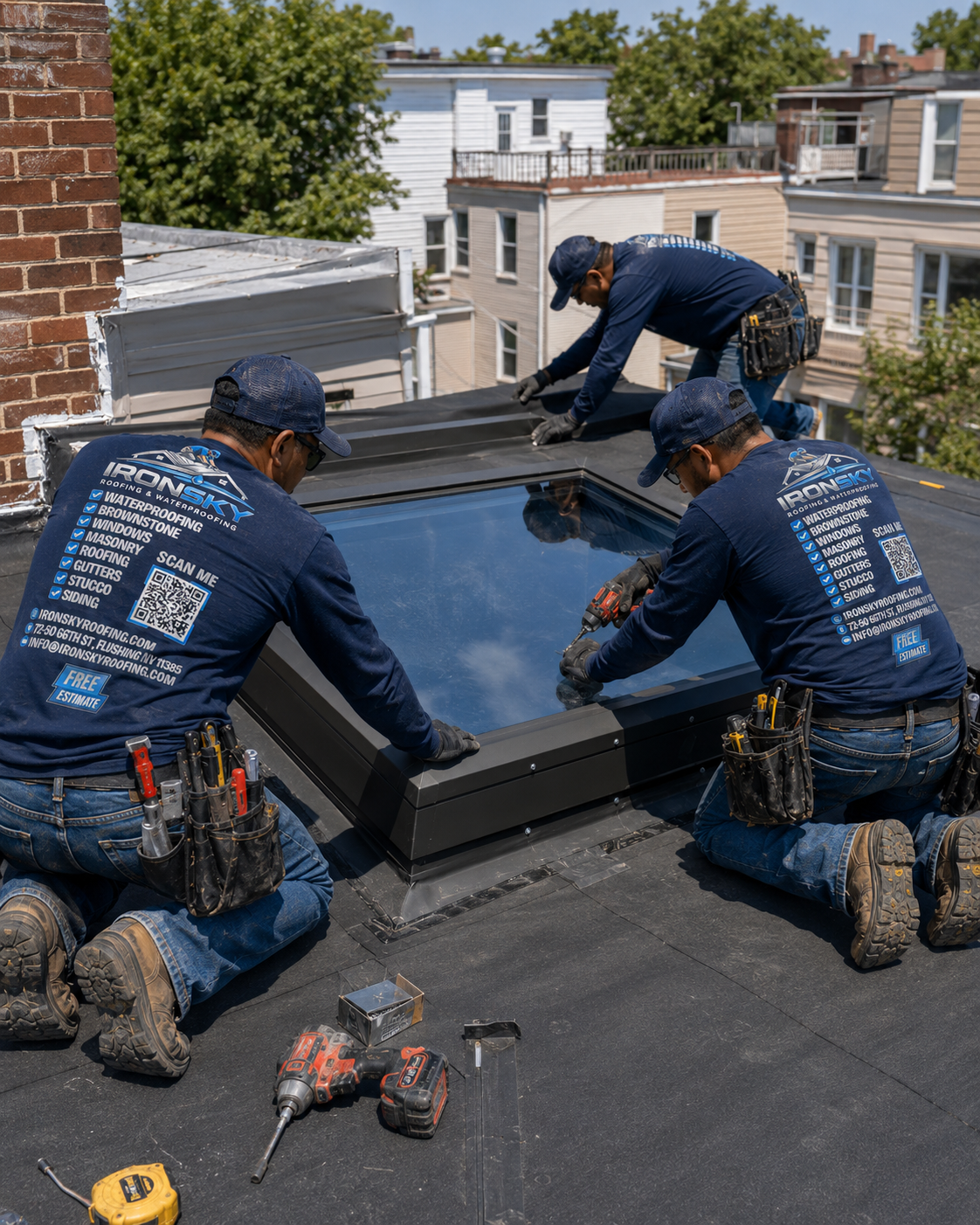 IronSky crew installing a large fixed skylight on a Brooklyn flat roof