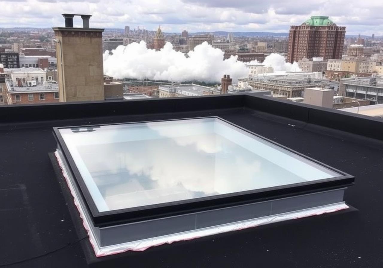 Newly installed flat fixed skylight on a NYC flat roof