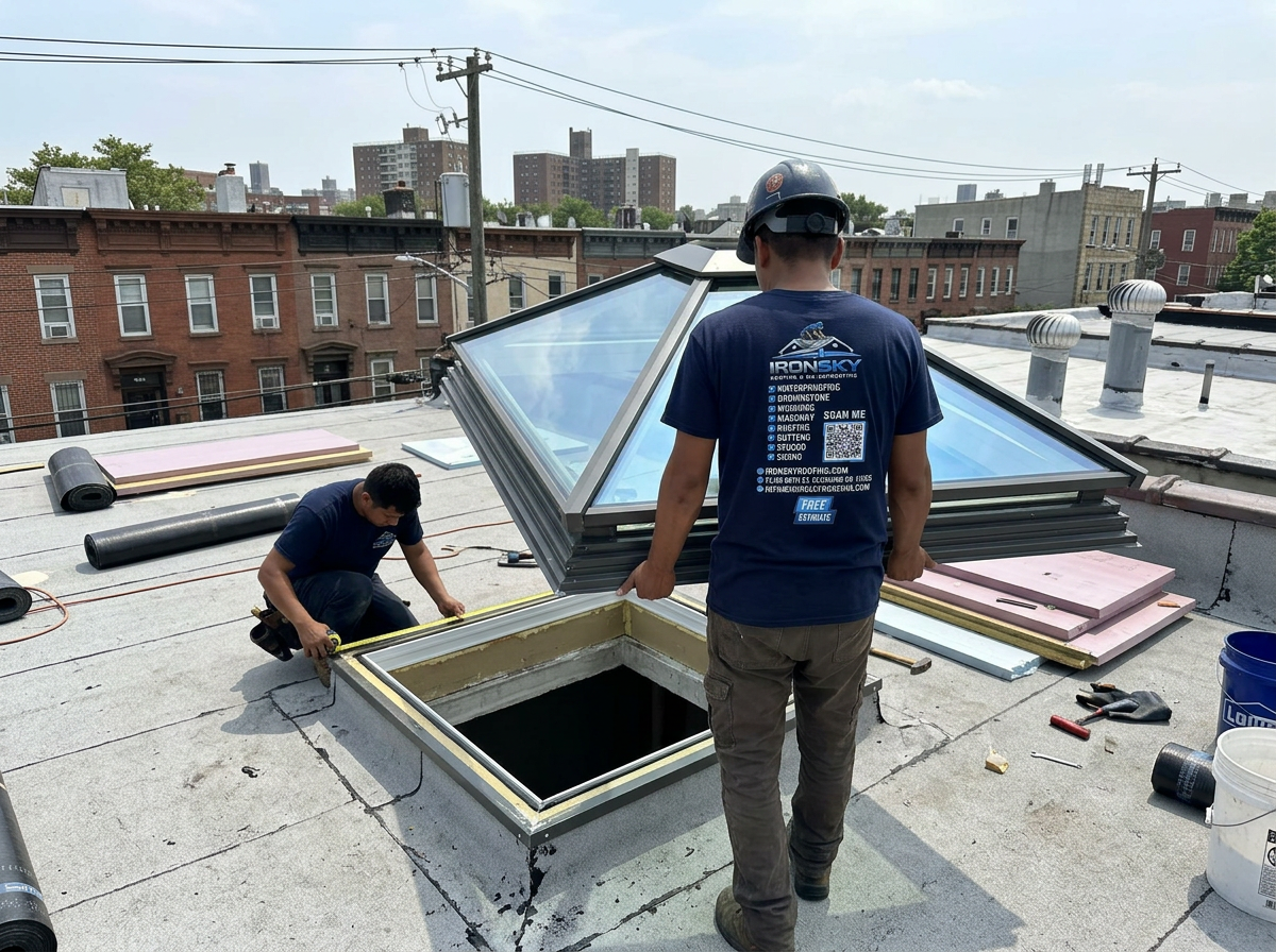 IronSky crew installing skylights in Queens, NYC — IronSky Roofing
