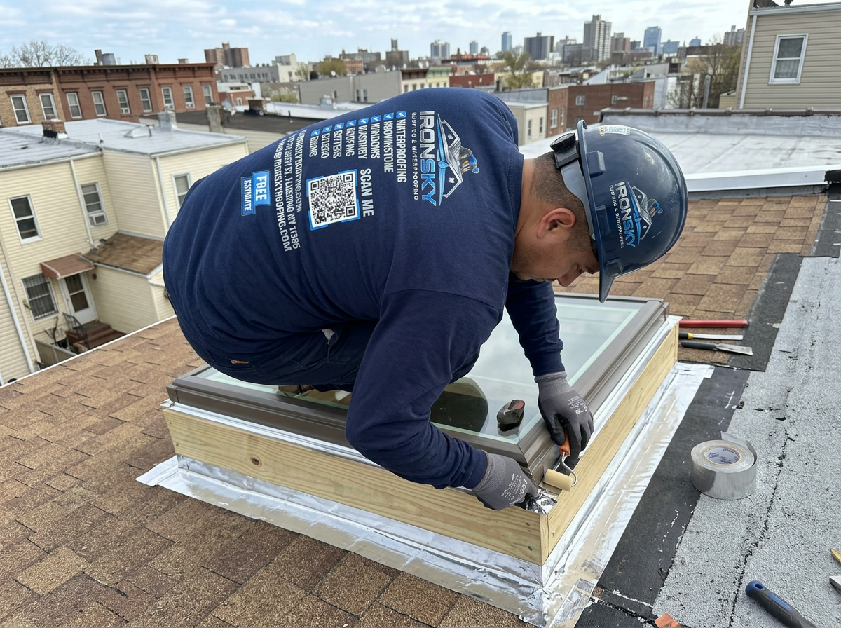 IronSky technician sealing a new skylight curb with flashing tape