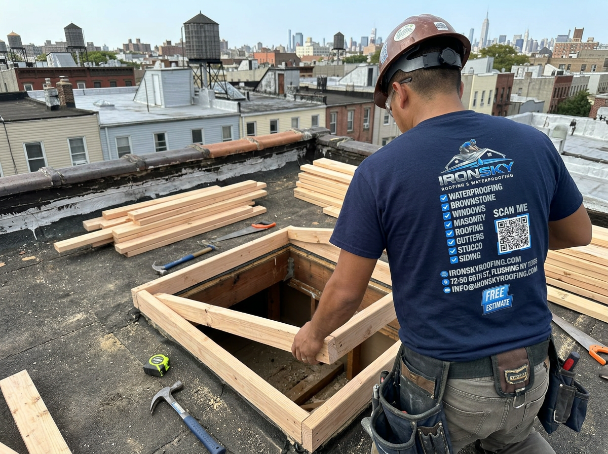 IronSky crew member framing a new skylight opening on a flat roof