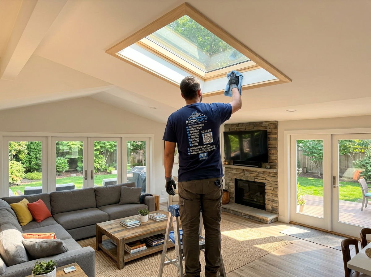 IronSky worker cleaning the interior glass of a newly installed skylight