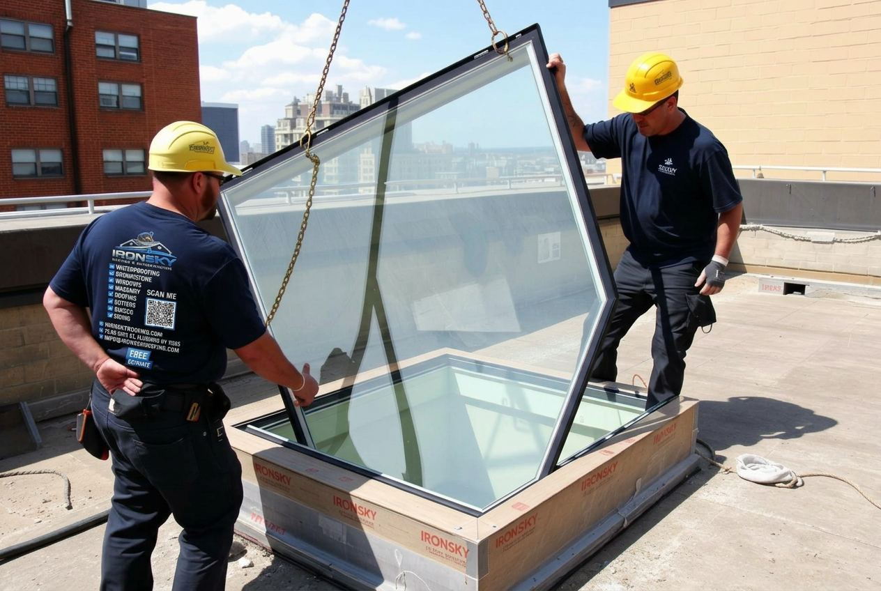 IronSky crew installing skylights in Staten Island, NYC — IronSky Roofing