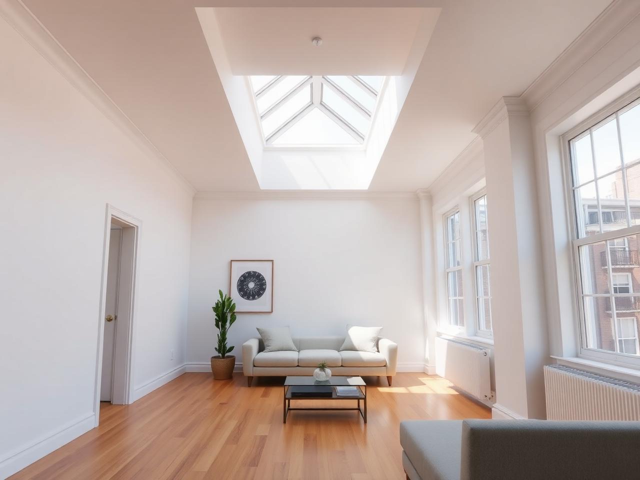 Sunlight streaming through a new skylight into a bright Brooklyn living room