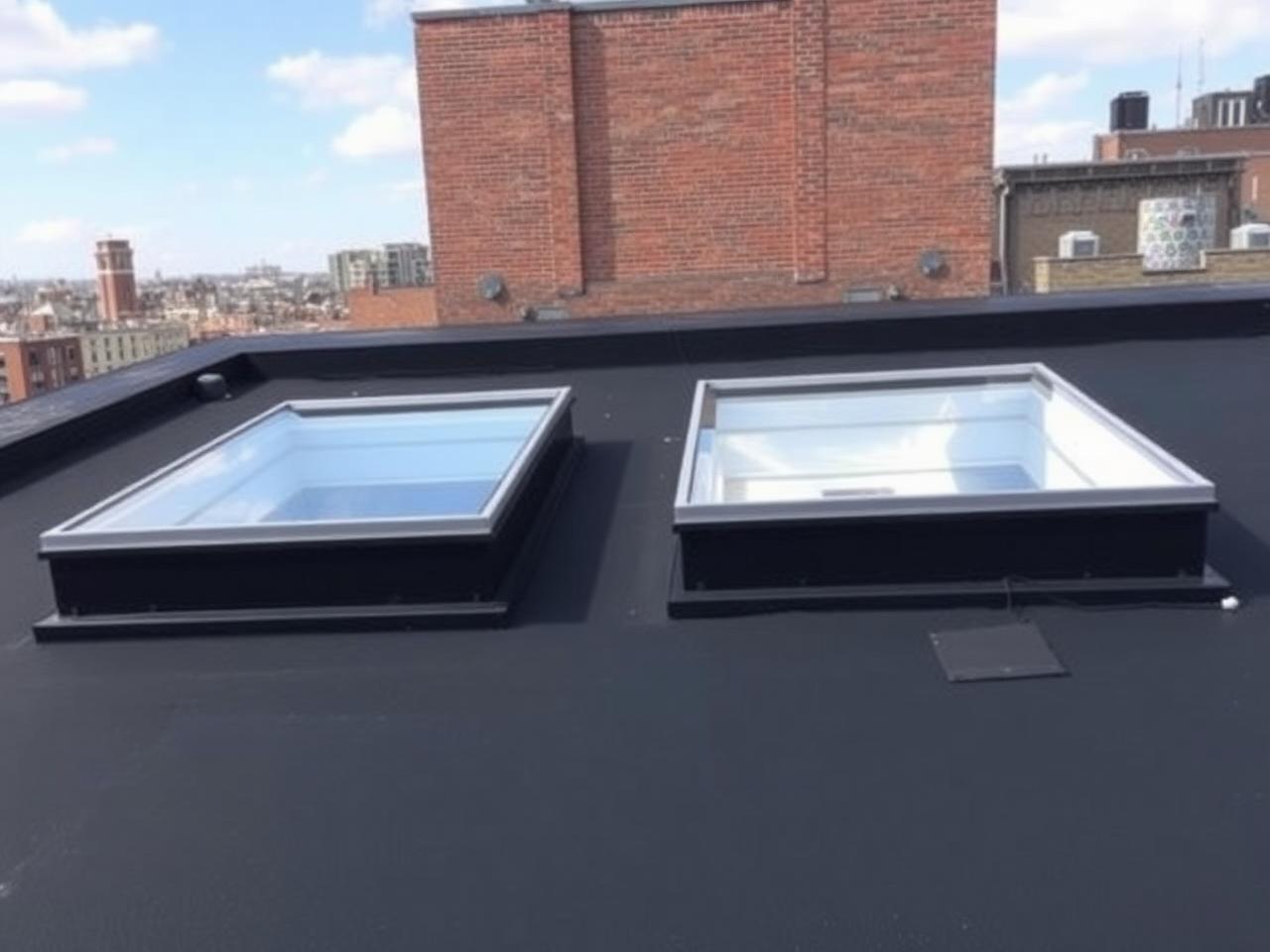 Two completed flat skylights installed side-by-side on a black NYC roof