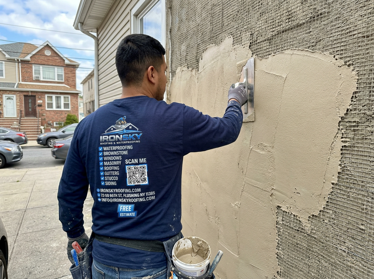 IronSky crew installing stucco in Staten Island, NYC — IronSky Roofing
