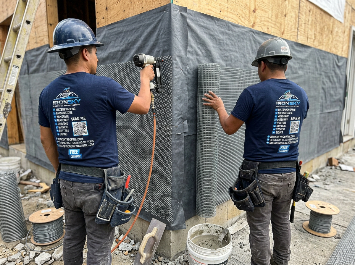 IronSky crew installing stucco in Brooklyn, NYC — IronSky Roofing