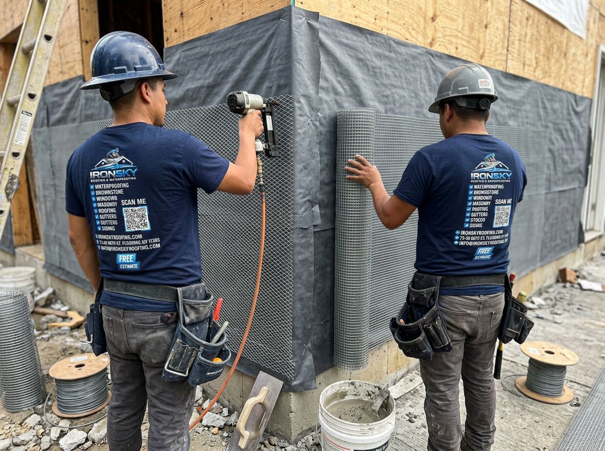 IronSky crew installing stucco in Manhattan, NYC — IronSky Roofing