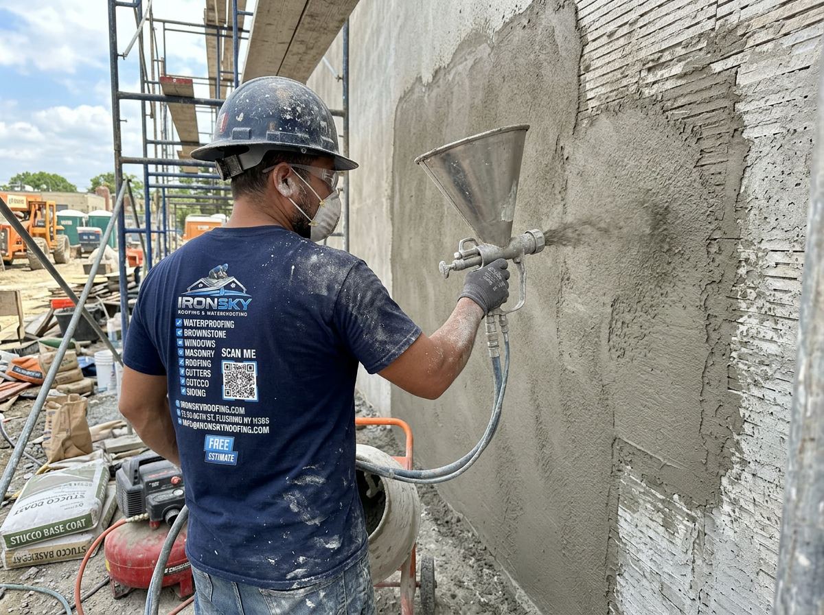 IronSky crew installing stucco in the Bronx, NYC — IronSky Roofing