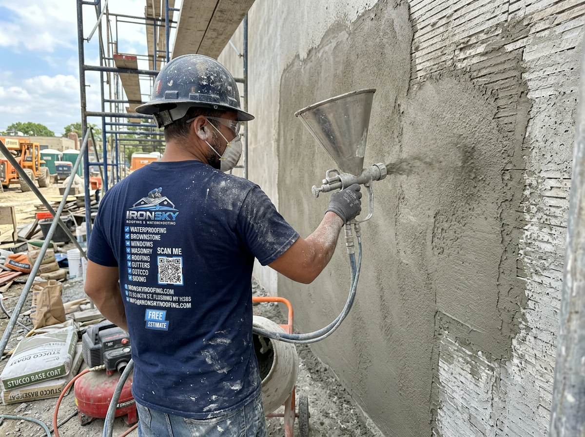 IronSky crew installing stucco in Queens, NYC — IronSky Roofing