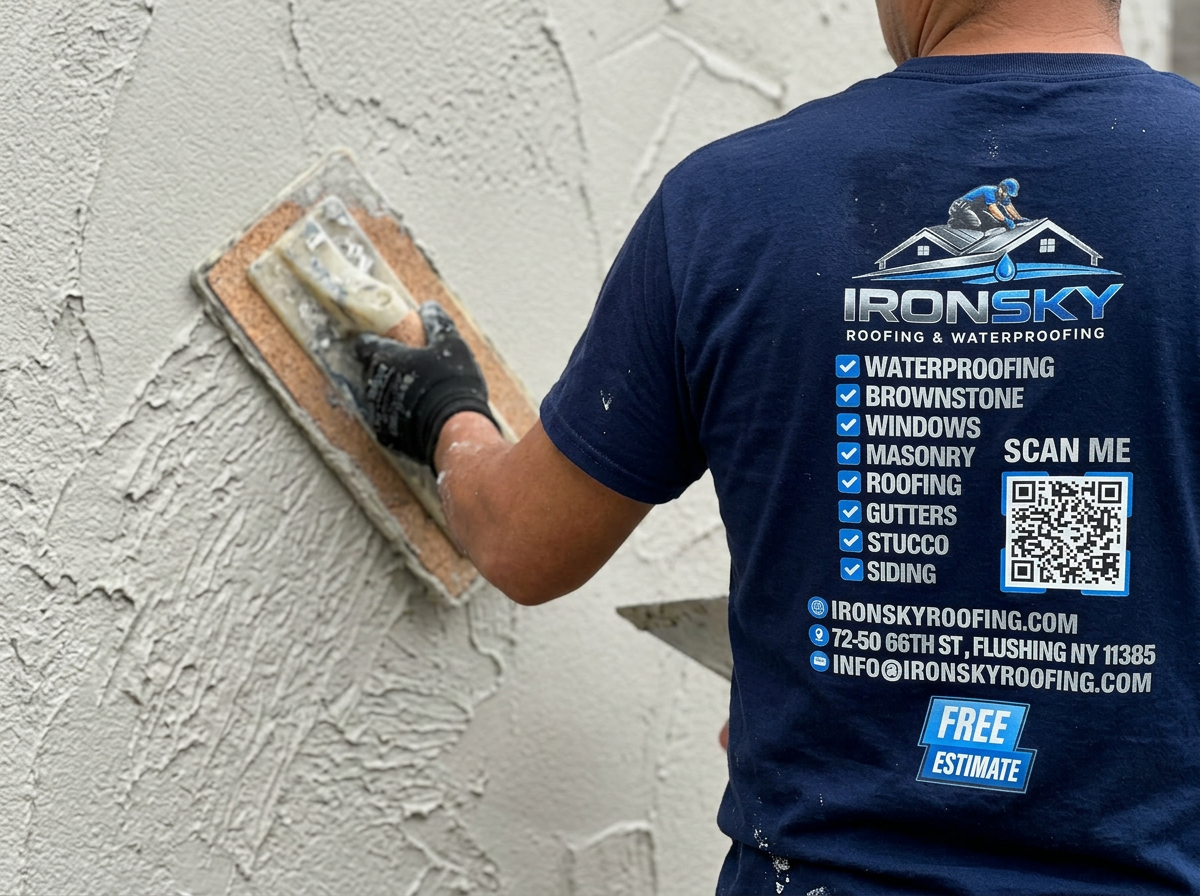 IronSky crew installing stucco in Manhattan, NYC — IronSky Roofing