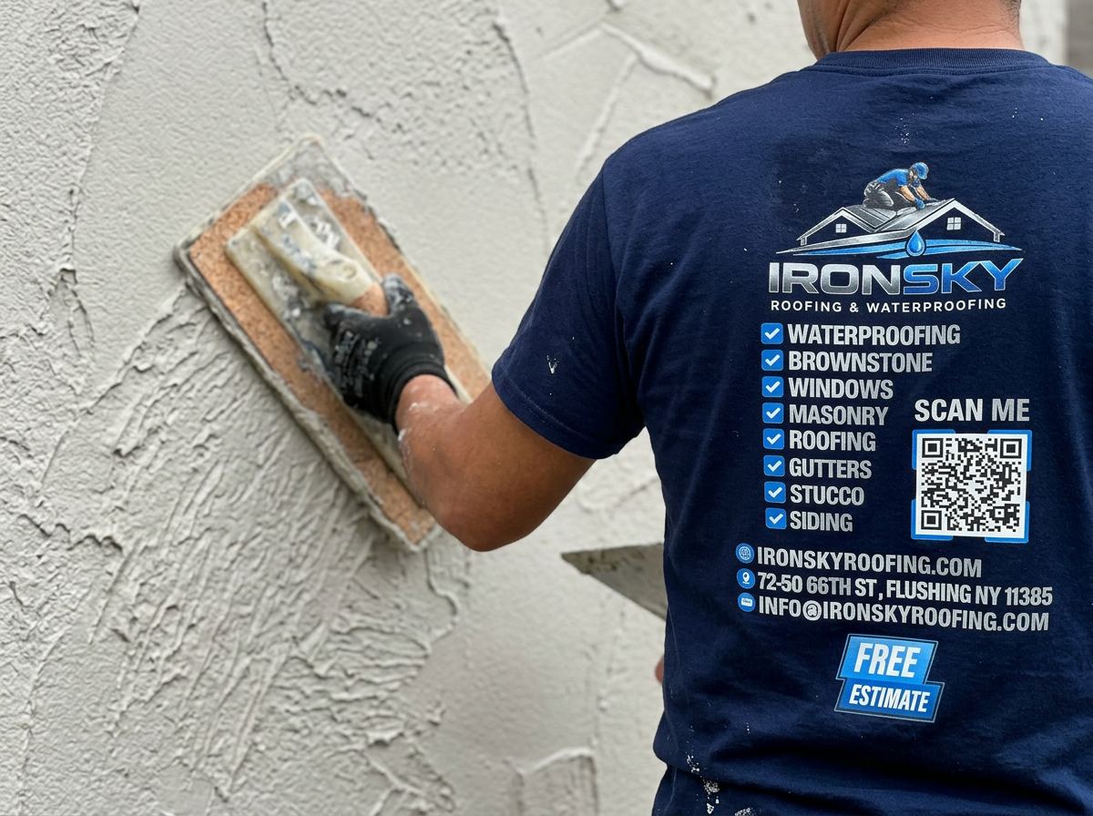 IronSky crew installing stucco in Staten Island, NYC — IronSky Roofing