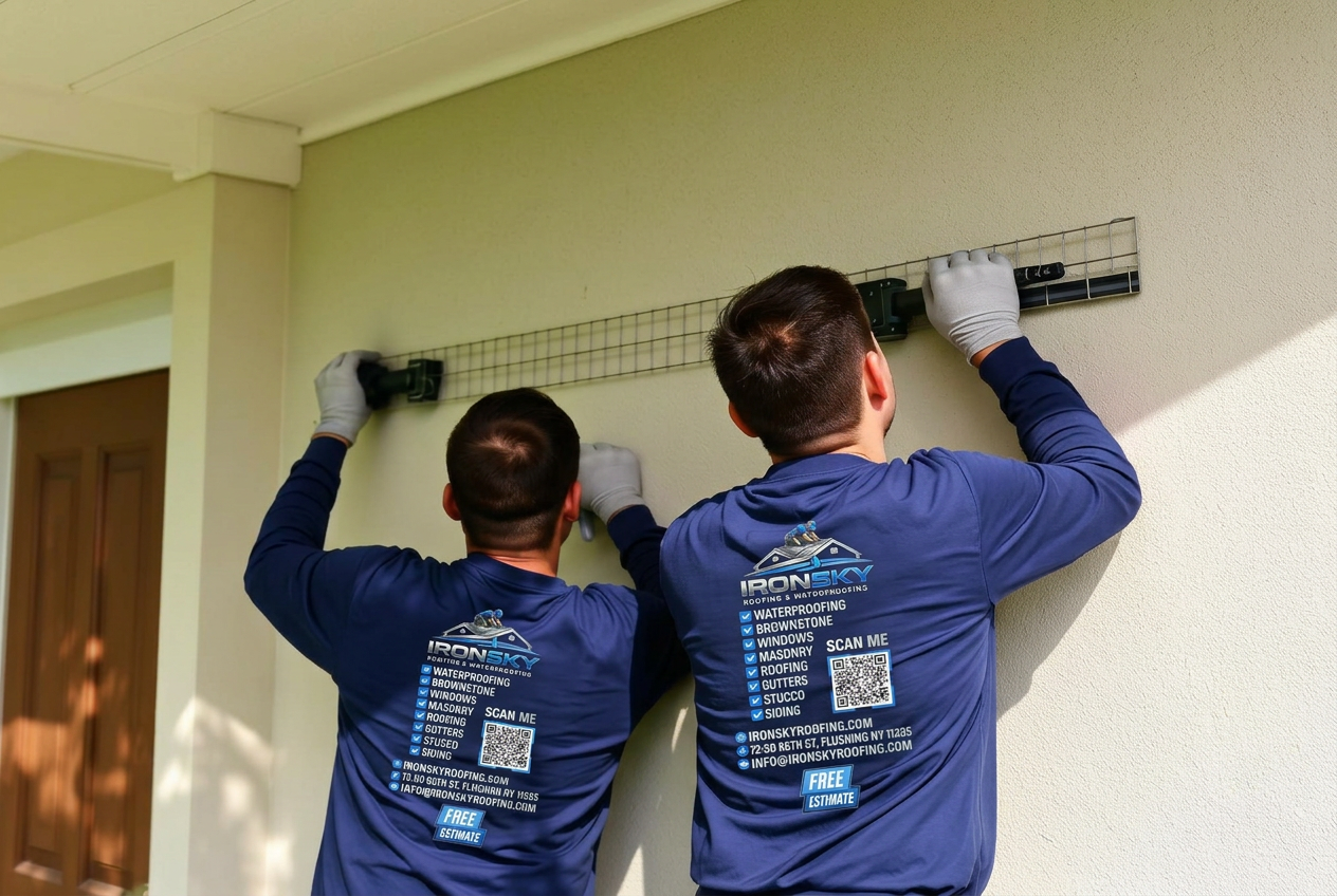 IronSky crew installing stucco in the Bronx, NYC — IronSky Roofing