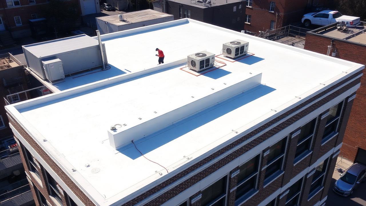 Bright white TPO single-ply membrane flat roof on a NYC commercial building with HVAC units