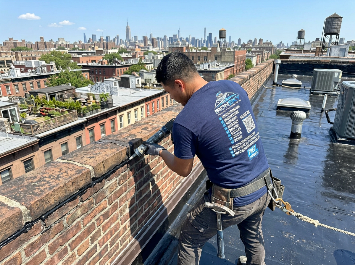 IronSky crew installing waterproofing in Staten Island, NYC — IronSky Roofing