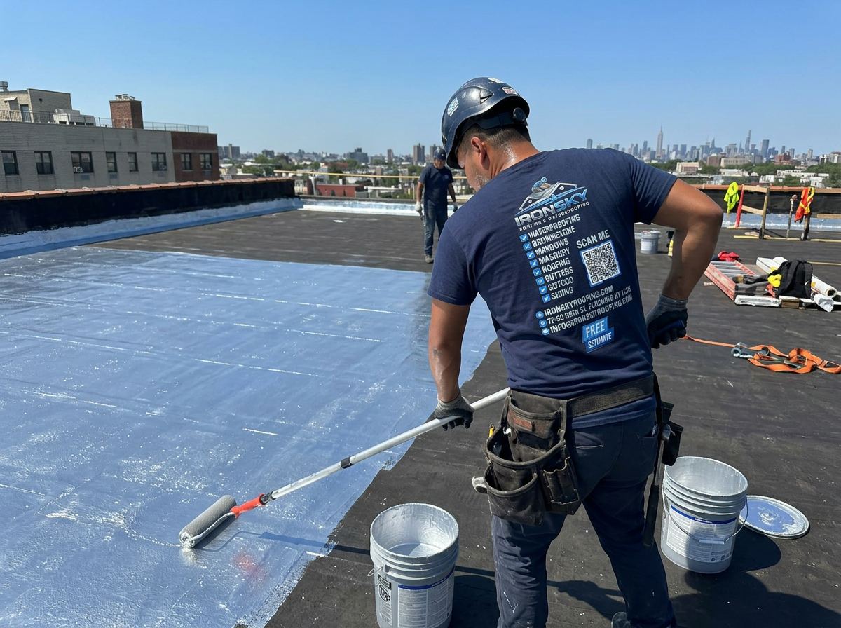 IronSky crew installing waterproofing in Manhattan, NYC — IronSky Roofing