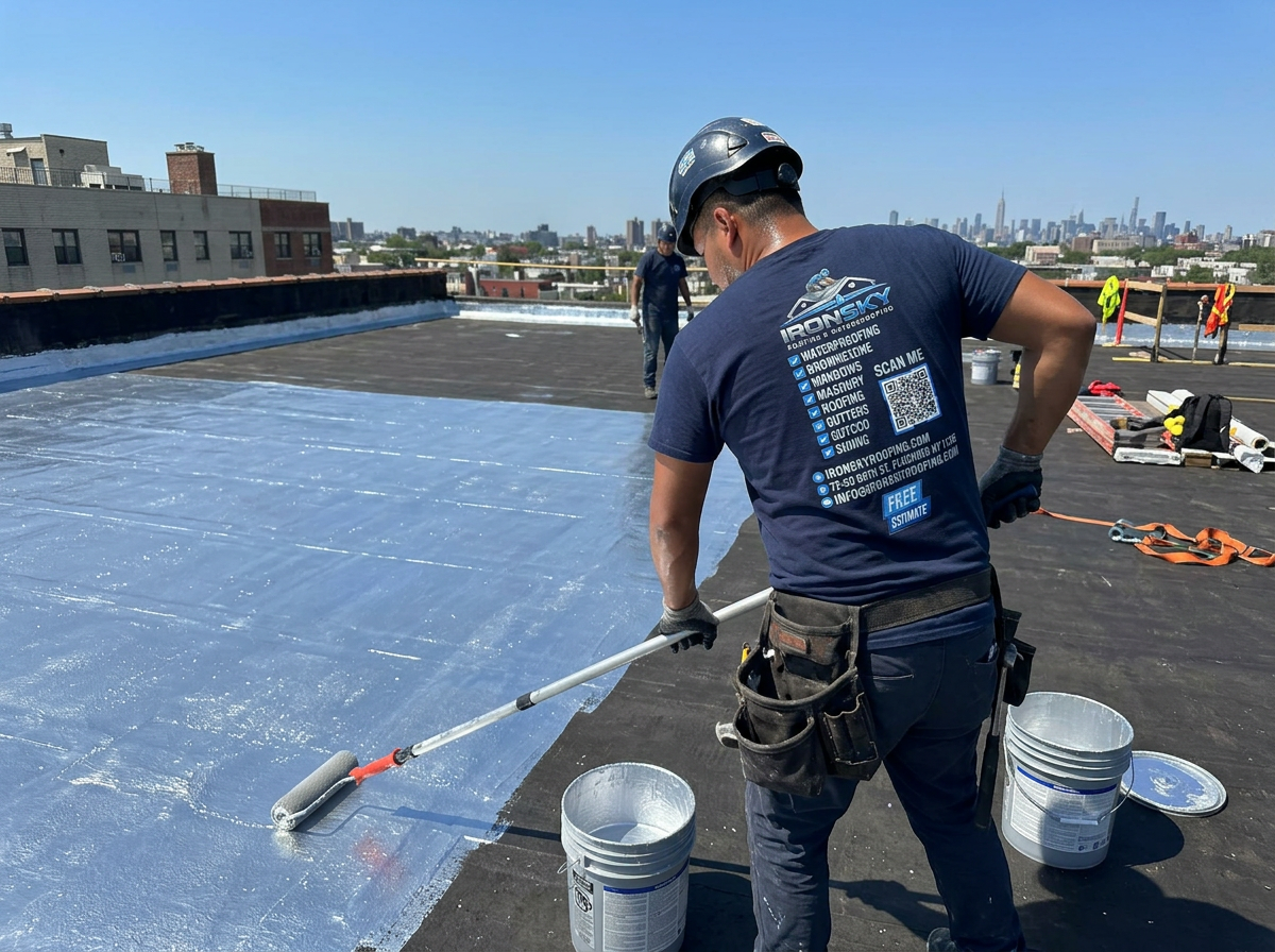 IronSky crew installing waterproofing in Brooklyn, NYC — IronSky Roofing