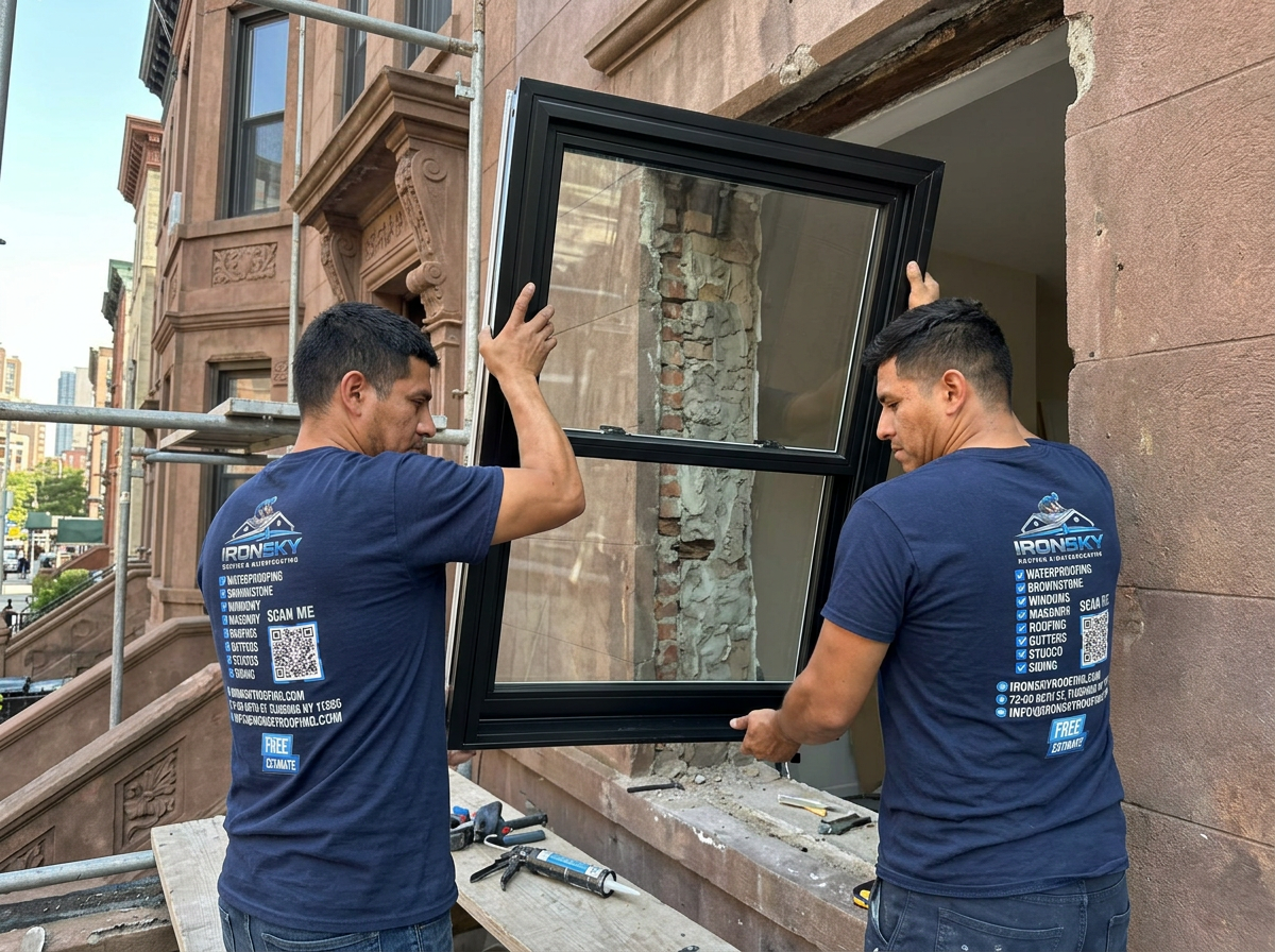 Two IronSky workers lifting a new black-framed window into a brownstone opening