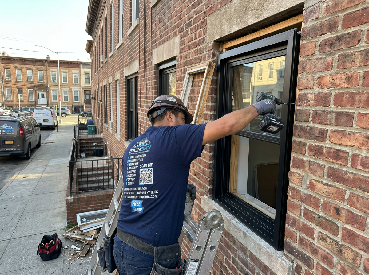 IronSky worker fastening a new black-framed window into a brick opening