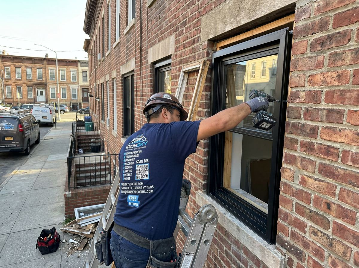 IronSky worker fastening a new black-framed window into a brick opening