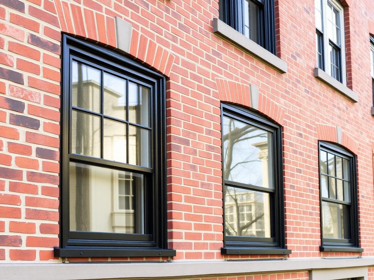 Finished row of new black-framed double-hung windows on a Brooklyn brick rowhouse