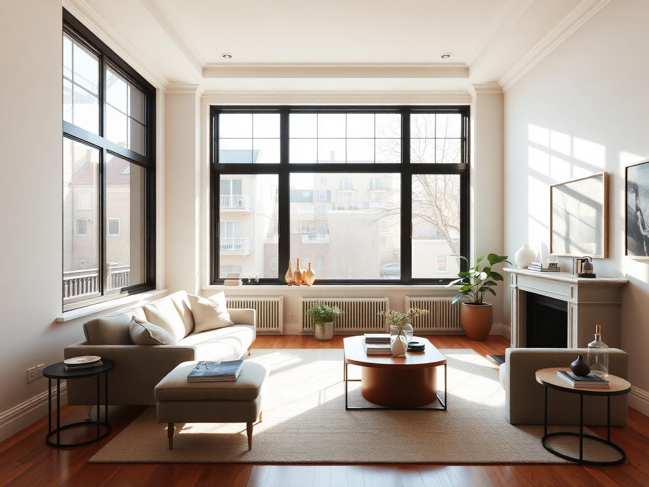 Bright Brooklyn brownstone living room with newly installed black-framed picture windows