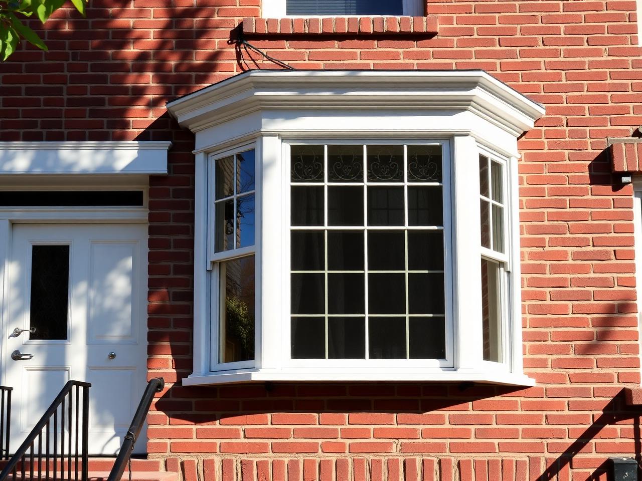 Finished white-framed bay window installed on a Brooklyn brick facade